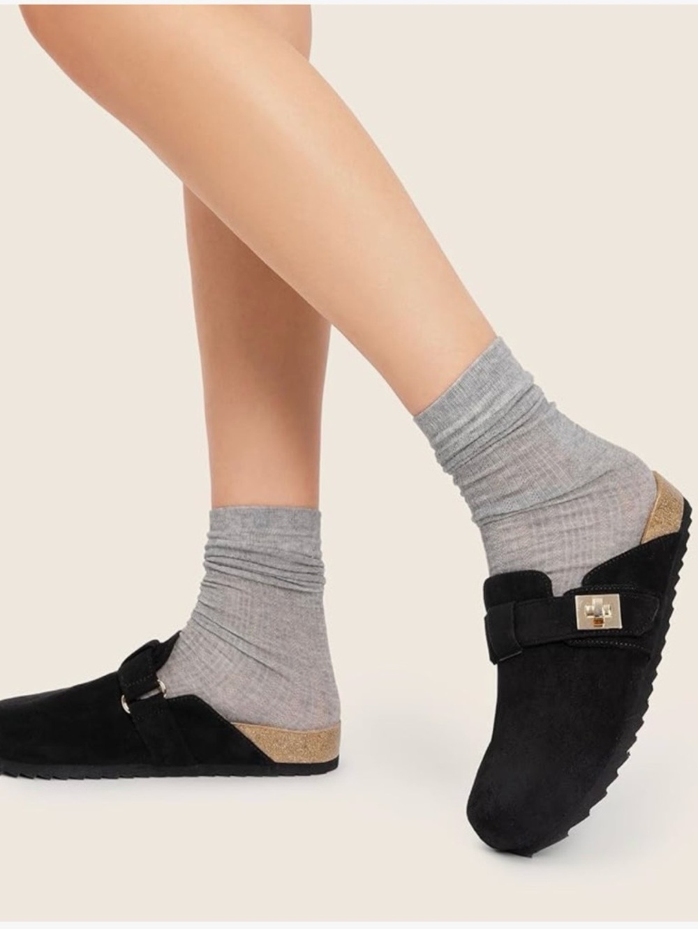 Dream Pairs Black Suede Slip-On Buckle Mules with Gold Accent
